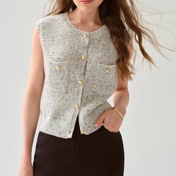 Sweaters - Light Grey Women's Casual Blend Gray Button Trimmed Sweater Vest